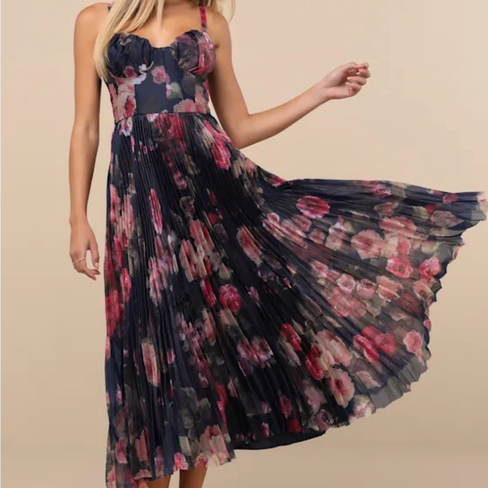 Lulu's Midnight Blue Floral Pleated Bustier Midi Dress